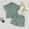 Vêtements Ensembles de mode d'été pour enfants pour enfants garçons vêtements décontractés en coton lin à manches courtes bouton de poche t-shirts élastiques shorts de taille élastique tenues