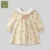 Robes de fille Labi Baby Girls Robe Broidered Ruffle Collar Sweetheart Robe Automne Fleur Imprimé Long Manche à manches