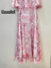 Partykleider 4.17 Klasonbell Ankunft elegant rosa Blumendruckkleid für Frauen Cloak Design O-Neck Kurzarm A-Line Maxi