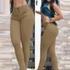 Dames broek elastische leggings stijlvolle hoge taille slanke pasvorm voor vrouwen solide kleur lang met knop ingepakt ontwerp a
