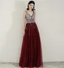 Feestjurken Burgundy prom avond 2024 V-hals tule jurk A-lijn glanzende backless vestido de festa