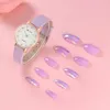 Armbanduhr Frauen Mode -Ledergürtel Uhren falsche Nagel Tabletten Set Quarz lila Verbesserung Kleid Uhr