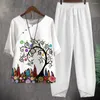 Women's Two Piece Pants 2Pcs/Set O-Neck Half Sleeve Buttons Decor Mid-rise Elastic Waistband Casual Outfit Women Colorful Cartoon Print Top