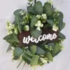 Couronnes de fleurs décoratives couronnes artificielles Eucalyptus avec panneau de bienvenue Couronne de printemps d'été pour la porte d'entrée Warphouse Farmhouse Mariage Decor