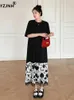 Feestjurken yzjnh 2024 zomer lange jurk dames Koreaanse editie los ronde nek paneel met zakken korte mouwen groot