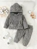 Clothing Sets Gray Fuzzy Design Sense Baby Boy Suit Hooded Long-Sleeved Pocket Top Elastic Waist Pants For Boys Simple Solid Color Hoodie