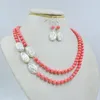 Necklace Earrings Set 2 Rows 7mm Natural Coral Baroque Pearl Giving Women The Most Beautiful Gift 18-20 "