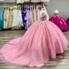 2024 Quinceanera Kleider rosa 3d Blumenanwendungen Kugelkleid von Schulterkristallperlen Korsett Rücken süßer 16 Festzug Promkleider 0513