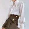 レディースブラウスエレガントなサテンシルク女性シャツ春秋のヴィンテージターンダウンカラー女性ブラウスホワイトオフィスレディースシャツトップスブルザ