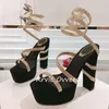 Dress Shoes Summer Thick Heel Water Diamond Snake Wrapped High Sandals Versatile Solid Color Narrow Band Waterproof Platform Pumps 2024