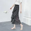 Röcke Chiffon Rock Frauen A-Line Long 2024 Sommerkoreanische Version mit gekräuselten Kanten und Blumenfee hohe Taille