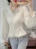 Camicette da donna Korejepo 2024 Spring Fashion Top in legno per le a orecchie da arco a V-Neck Chiffon Sleeves Borble Tops Shreming Short Chic Shirts