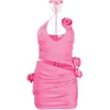 Casual Dresses Hanging Neck Pink Dress med öppen midja Sexig inslagna höft Enkel och elegant formell 3D Rose Fancy Women's