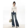 Frauenhose Capris Korean Blue Blue High Taille Jeans breites glänzendes Bein Y2K Bellboden 2023 Herbst/Winter neuer Retro Straight Lose Fit Q240508