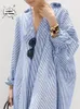 Taille plus robe de femme Fashion Stripe Single Breasteted Shirt Loose Casual Style Elegant Cotton Chanvre Long Robe 240420