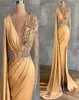 Gold Yellow Prom Evening Dresses Deep V Neck Sheer Long Sleeve Beaded Crystals Luxury Party Celebrity Gowns BC94696021180