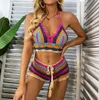 Haakbikini -sets Multi -kleuren gebreide regenboog gestreepte Off Shoulder Top Bikini Bikini Beachwear Bathing Suit Women Swimsuit 2202834727