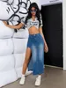 Y2K Fashion Femmes sexy vintage haute taille divisé cuisse denim bodycon jupe classique polyvalent mi-longueur jean streetwear 240508