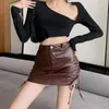 Skirts Women's High Waist Ruched PU Leather Wrap Bodycon Mini Skirt