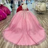 2024 Quinceanera Dresses Pink 3D Floral Appliques Ball Gown Off Shoulder Crystal Beads Corset Back Sweet 16 Pageant Prom Gowns 0513
