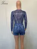 Arbetsklänningar Jokaa denim tryckte två stycken Set Women Sexig Sheer Mesh långärmad bodysuits och shorts kjol Matchning 2024 Party Club