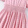 Abiti da ragazza 2024 Arrivo estivo Girls Short Short Ock Dot Designer Pink Cute Party Dress Abito Custume 4-9T