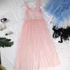 Lässige Kleider 2024 Sommer sexy v Hals Mesh Spaghetti -Gurtkleid Frauen eine Linie große Saumspitze Gesamt Ladies Fairy Long Maxi Vestidos