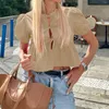 女性のブラウス夏の女性Y2KカワイイブラウスパフスリーブタイフロントトップペプラムTシャツかわいい出かけバブルベビードールクロップストリートウェア