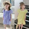 Robes de fille robe de bébé d'été Enfants Sweet Beach Toddler pour enfants plissés Vêtements Vestides de manches bouffées 3-8 ans