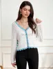 Pankys féminins 2024 Cardigan court cardigan léger Crochet tricot Pull Back Striped Hollow Short Top Robe Fashion Knitwear