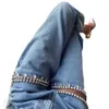 Blå perforerad rak ben kvinnor 2024 vår/sommar jeans