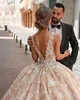 Champagner Hochzeitskleid 2024 Bescheidene Ballkleid Kleider gegen Nacken 3D -Spitzen -Applikationen Riched Brautkleider Plus Size Cathedral Train Royal Luxus