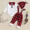 Kledingsets baby Baby Boys 3 stks Casual Fall Outfits Lapel met lange mouwen Romper Suspender broek Hoed kledingset