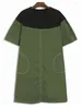 Robes de fête Femmes Green TopStitched Color-block grande taille Robe midi Round couche à manches courtes Fashion Spring Black X808