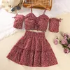 Girl Dresses Kid 2Pcs Skirt Outfit Flower Print Short Sleeve Off Shoulder Spaghetti Strap Tops With High Waist A-Line