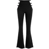 Calça feminina perna larga cintura alta flare cutout baixo sexy long textured ladder suor mulheres casuais com bolsos