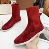 Boots Tricoting Kid Suede Femmes Round Toe Flats Chaussures Elastic Loisker Femme Slip on Brown Platform Ankle