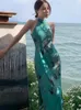 Robes décontractées vintage imprimé vert dame chinois cheongsam robe de soirée sans manches élégantes élégant élégant épaule mince midi club midi