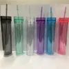 US -Versand BPA kostenlos 16 oz Acrylklare Becher mit Lidstraw 6 Farbe Plastikwasserflaschen Doppelwand -Trinkbecher A12 241i