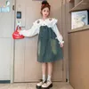 Clothing Sets Korean Spring Autumn Children Girl 2pcs Clothes Set Junior Flower Lapel Long Sleeve Tops Denim Suspender Skirt For