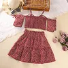 Girl Dresses Kid 2Pcs Skirt Outfit Flower Print Short Sleeve Off Shoulder Spaghetti Strap Tops With High Waist A-Line