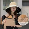 여름 신규 여성 버킷 모자 UV 보호 태양 모자 단색 소프트 폴드 넓은 넓은 넓은 넓은 넓은 넓은 넓은 넓은 야외 해변 파나마 캡 포니 테일 캡