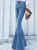 Jeans féminins printemps et automne 2024 couleur claire cloche-fond rétro taille haute couture slim slim fit large pantalon denim de jambe