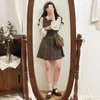 カジュアルドレス女性ヴィンテージの格子縞の日本語スタイルのドレスレトロボタンショートソフトガールカワイイミニプレッピー韓国シックサンドレス