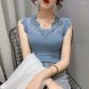 Kvinnors tankar Summer Korean Fashion V-ringning Lace Patchwork Pullover Knit ärmlös tank fast perspektiv Sexig Ice Silk Sling Top