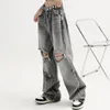 Kvinnors jeans vintage lös rak kvinna avslappnad modehål denim byxor Tassel 2024 Autumn Design Wide Lar Cargo Pants Female Chic