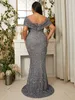 Gray Sequined Plus Size Evening Dresses Off The Shoulder Neckline Prom Gowns Mermaid Floor Length Special Occasion Dress