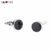 Cuff Links Savoyshi Black Carbon Fiber Mens Cufflinks Camisa Cufflinks Circular Silver Bufflinks Brand Men Jewelry Q240508