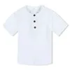 티셔츠 린넨 면화 흰색 셔츠 2024 소년과 여자 여름 티셔츠 새로운 어린이 편안한 탑 티셔츠 어린이 의류 의류 버튼 셔츠