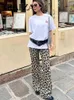 Anderen Apparel Trafza Women Fashion Leopard Print Blouse Pant Suit Long Slet Shirt + High Taille Trousers Summer Y2K Vrouw Strtwear Sets Y240509